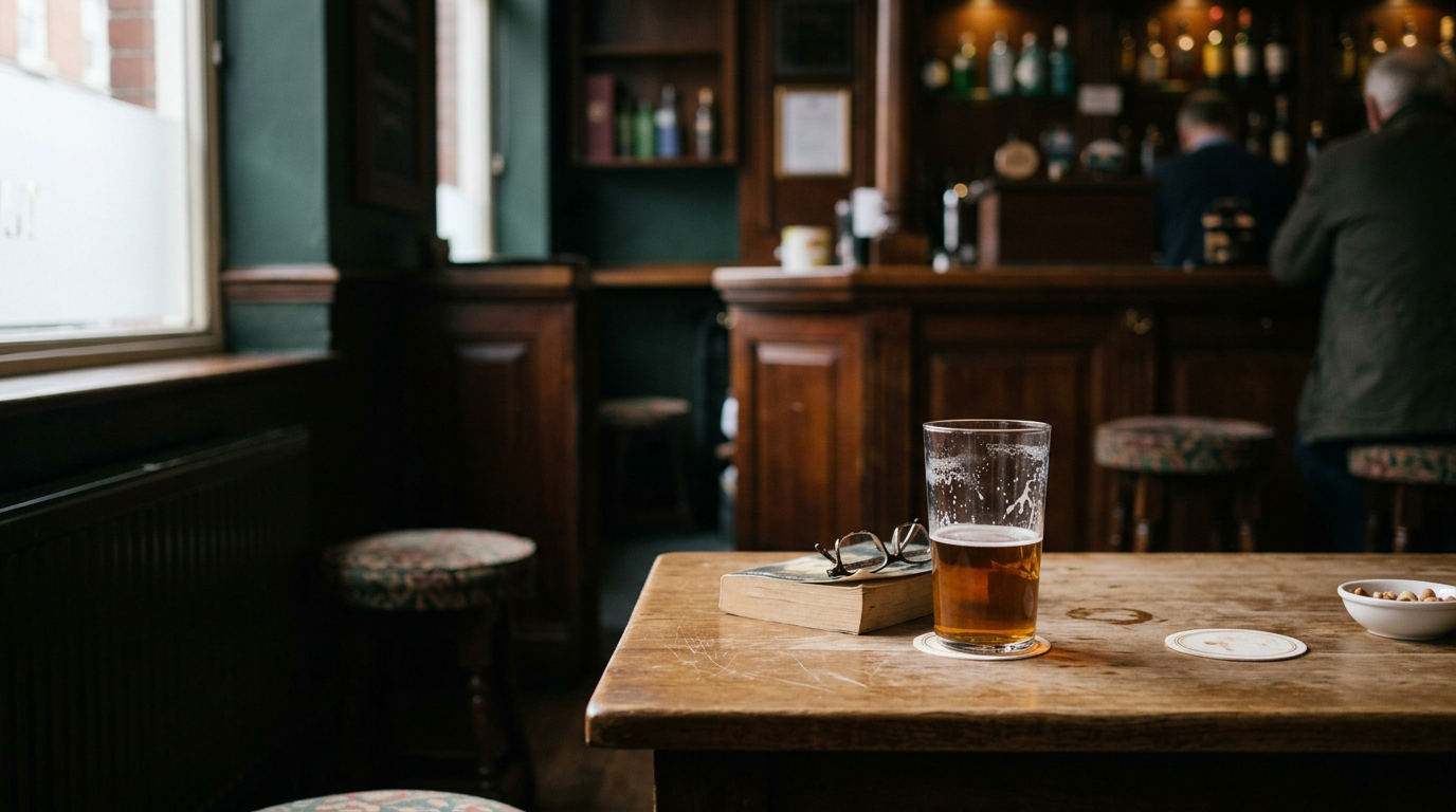 Man in a pub giving a thumbs up, surrounded by beer mugs