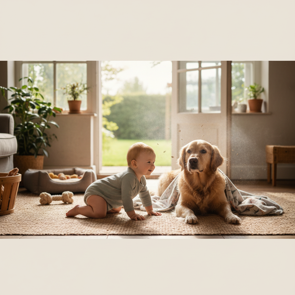 Baby and dog playing together, illustrating benefits of early animal exposure on allergies.