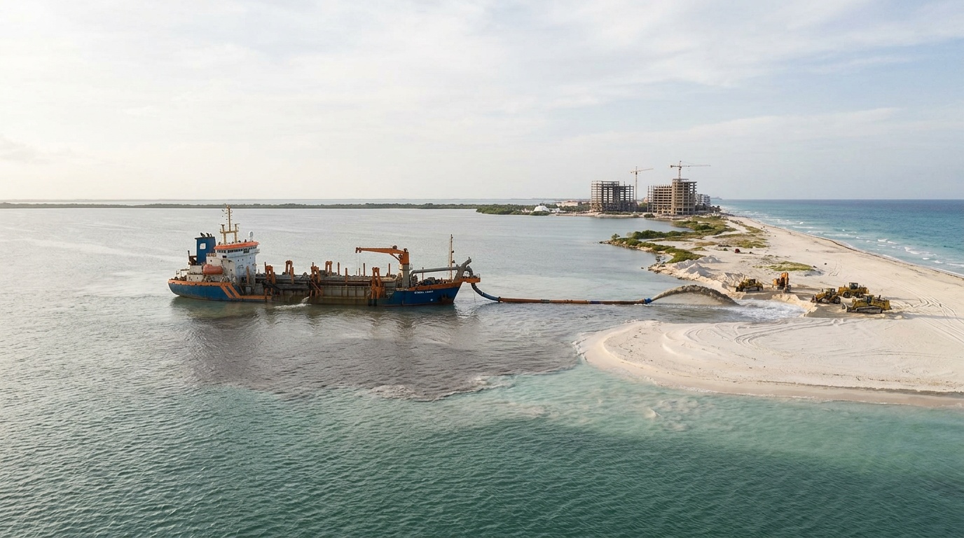 Cancun coastline transformation from sand dunes to tourist destination.