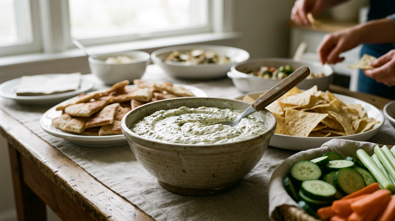Close-up of various colorful dips and crudités: hummus, salsa, veggie sticks, pita bread.