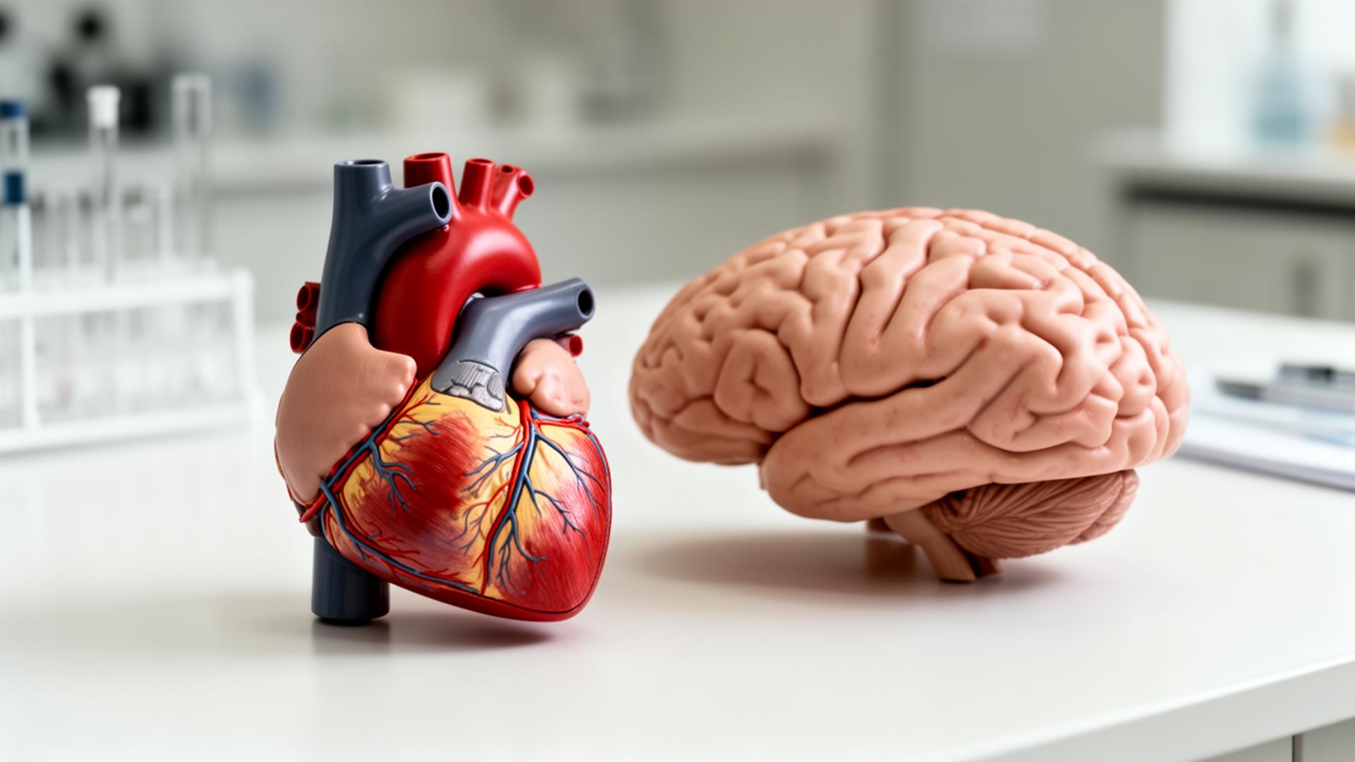 Anatomical models of a human heart and brain on a laboratory surface
