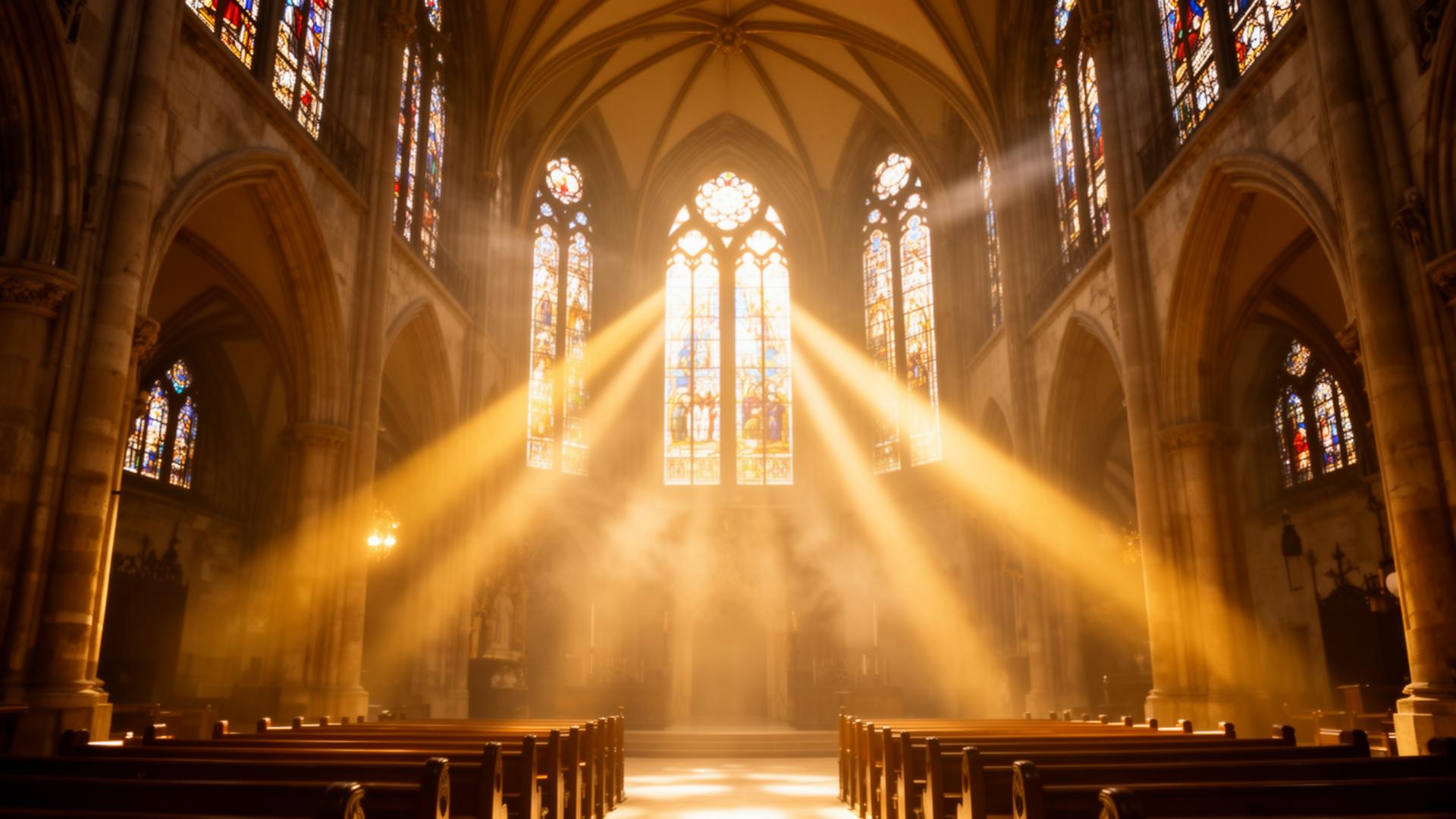 Golden light streaming through cathedral stained glass windows, evoking awe and transcendence