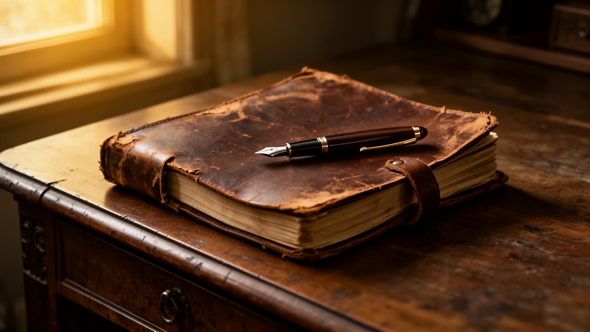 A worn leather journal with fountain pen on an antique desk in golden light
