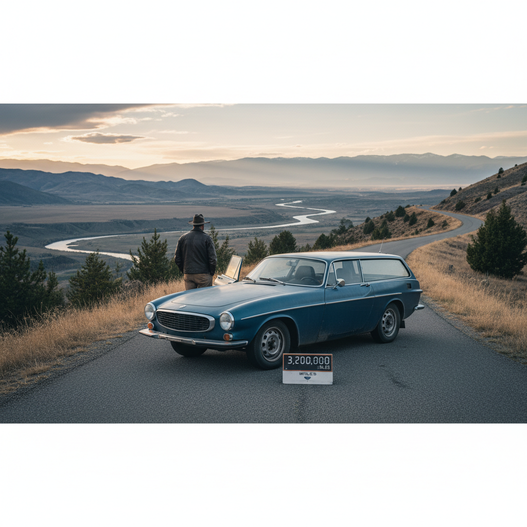 Man driving a well-worn Volvo, having traveled 3.2 million miles.