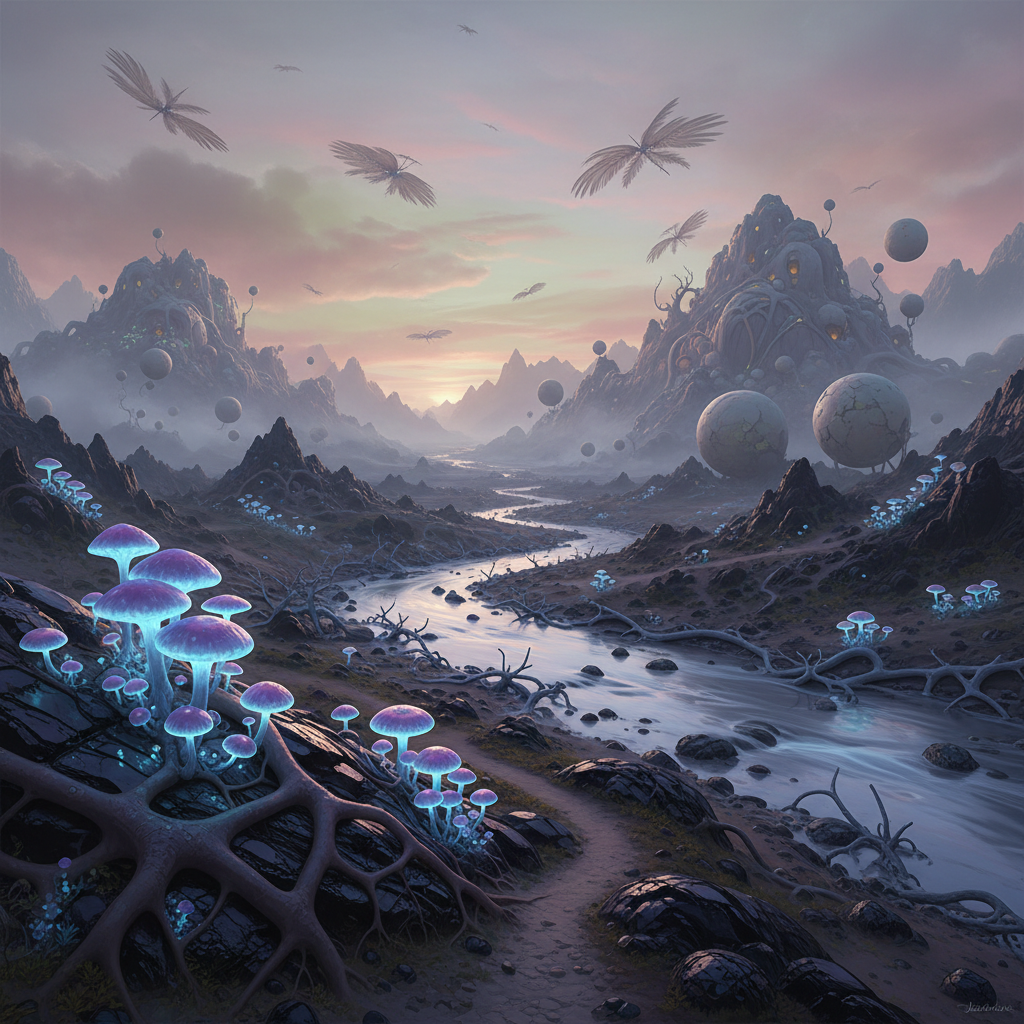 A strange, glowing mushroom in a dark forest.