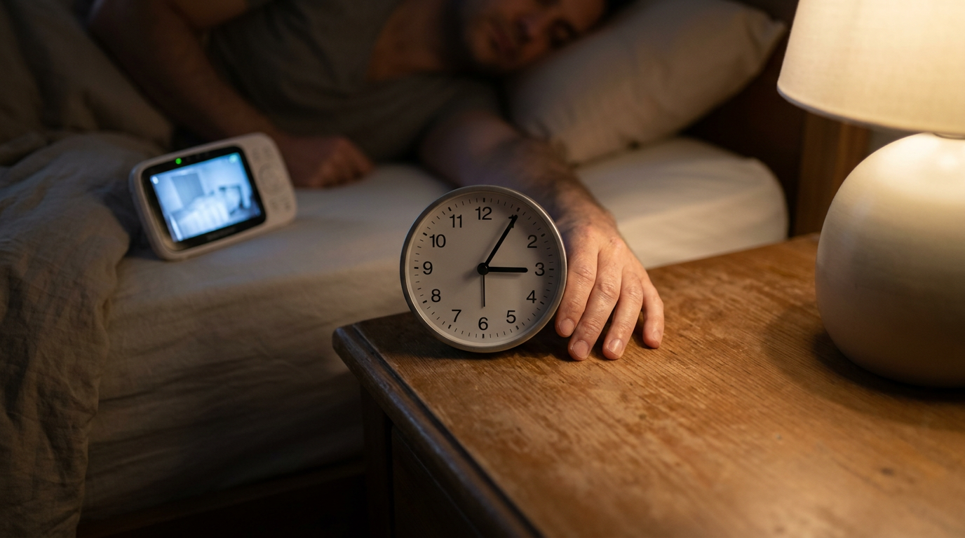 Tired parent holding crying baby, sleep-deprived expression, piles of laundry.