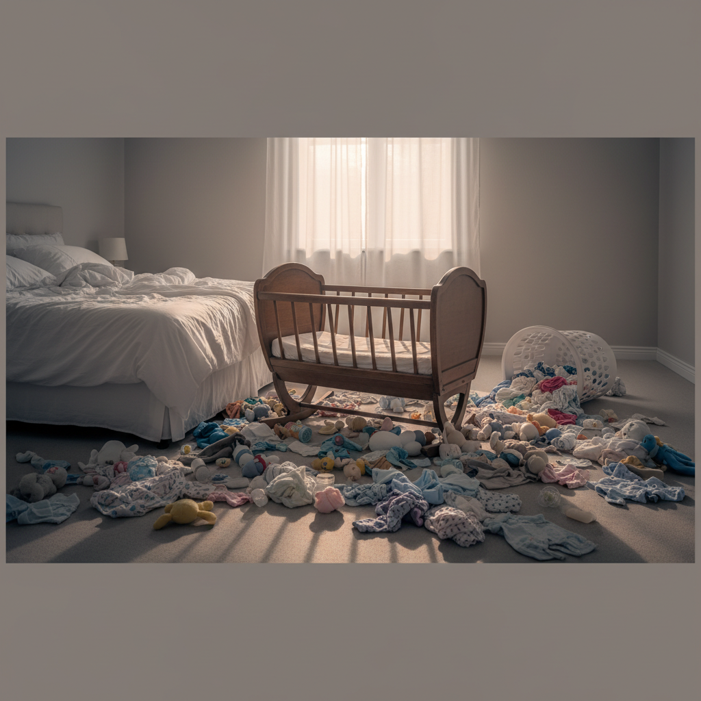 Parent holding baby, looking tired.