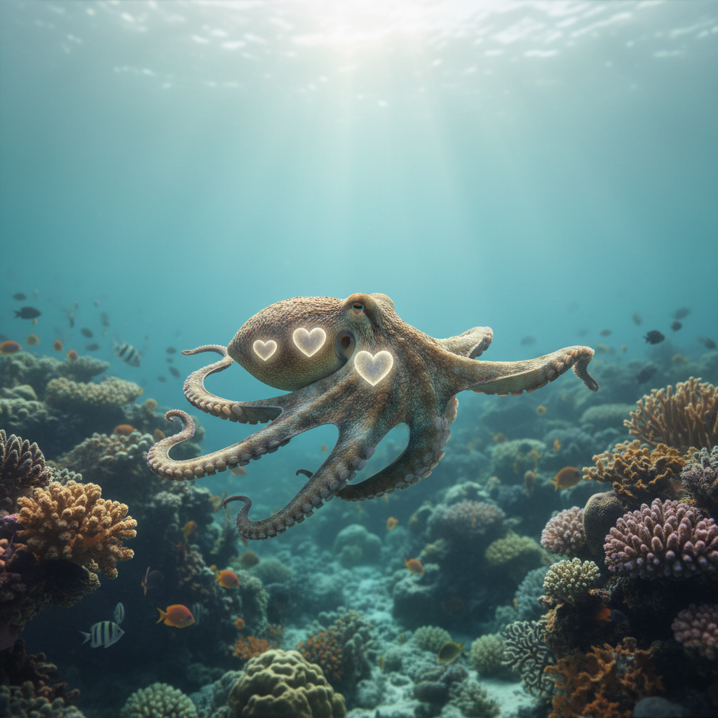 Three-hearted octopus swimming in blue water.