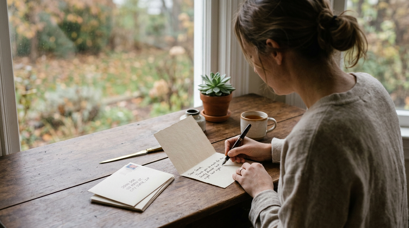 Handwritten thank-you note on elegant paper.