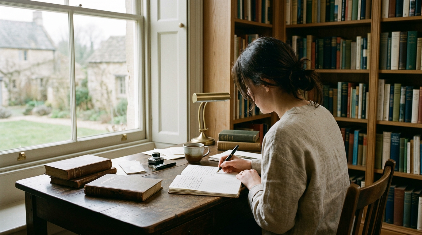 Cozy reading nook with warm lighting and a steaming mug.