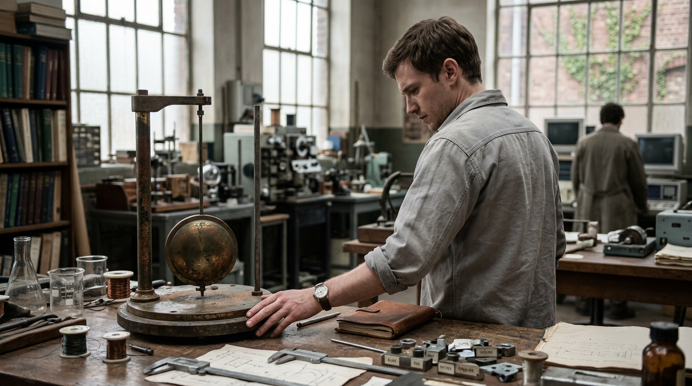 Scientist smiling nervously at complex data visualization, suggesting breakthrough.