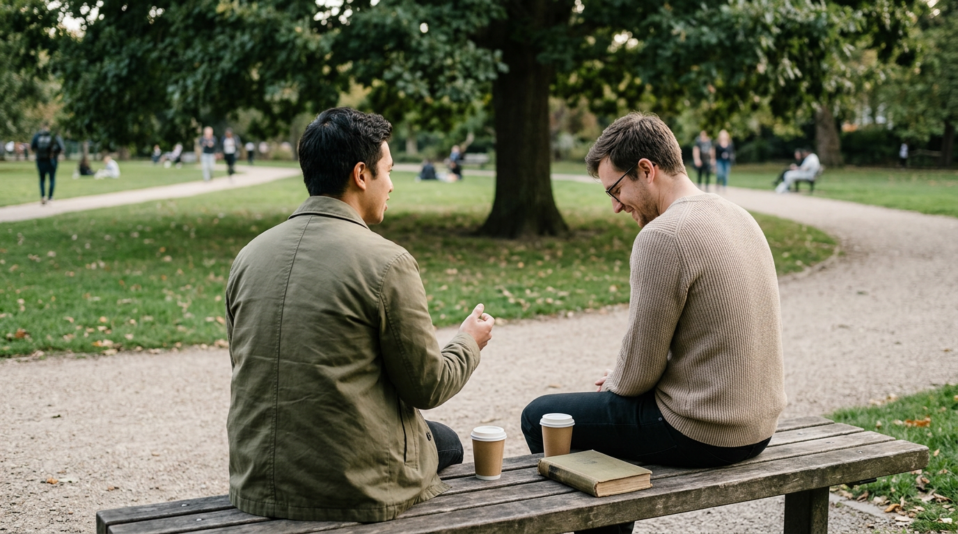 Two strangers share a laugh after a surprising conversation.
