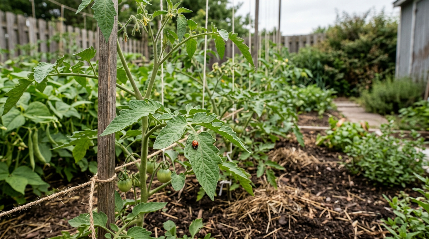 Gardener observing beneficial insects protecting plants from pests.