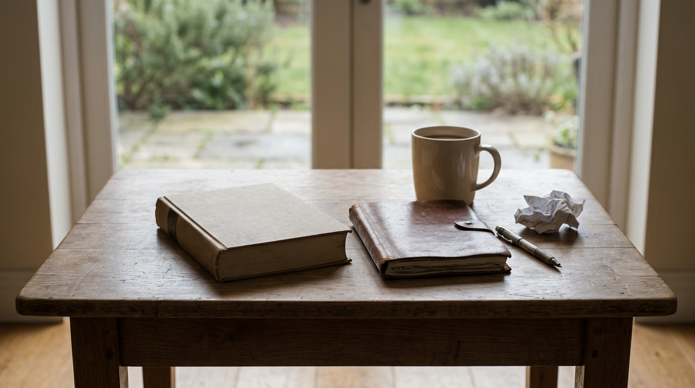 An editor's desk with a laptop, coffee, books, and a funny toy.