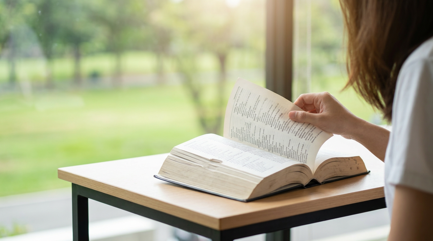 Hand holding a large, old book open on a table.