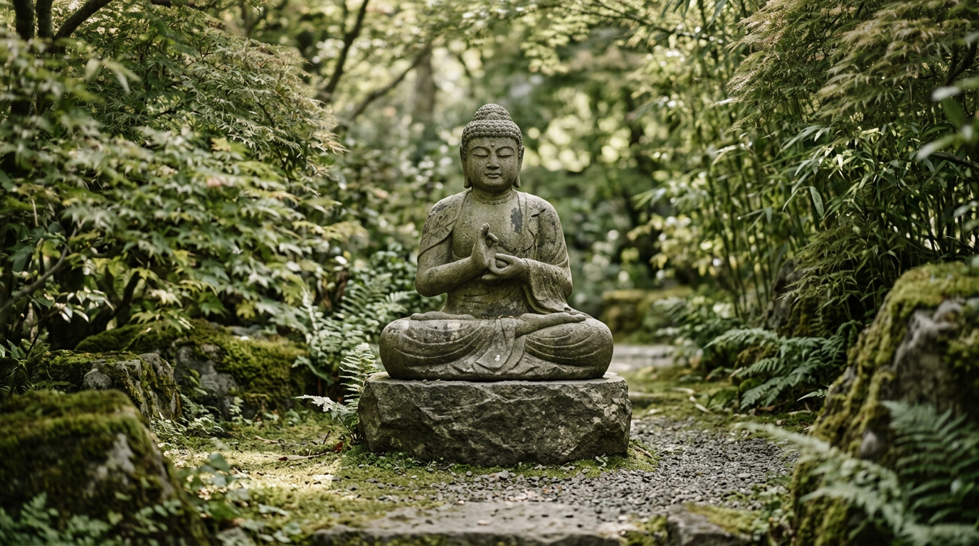 Buddha meditating in silence, symbolizing the path to enlightenment