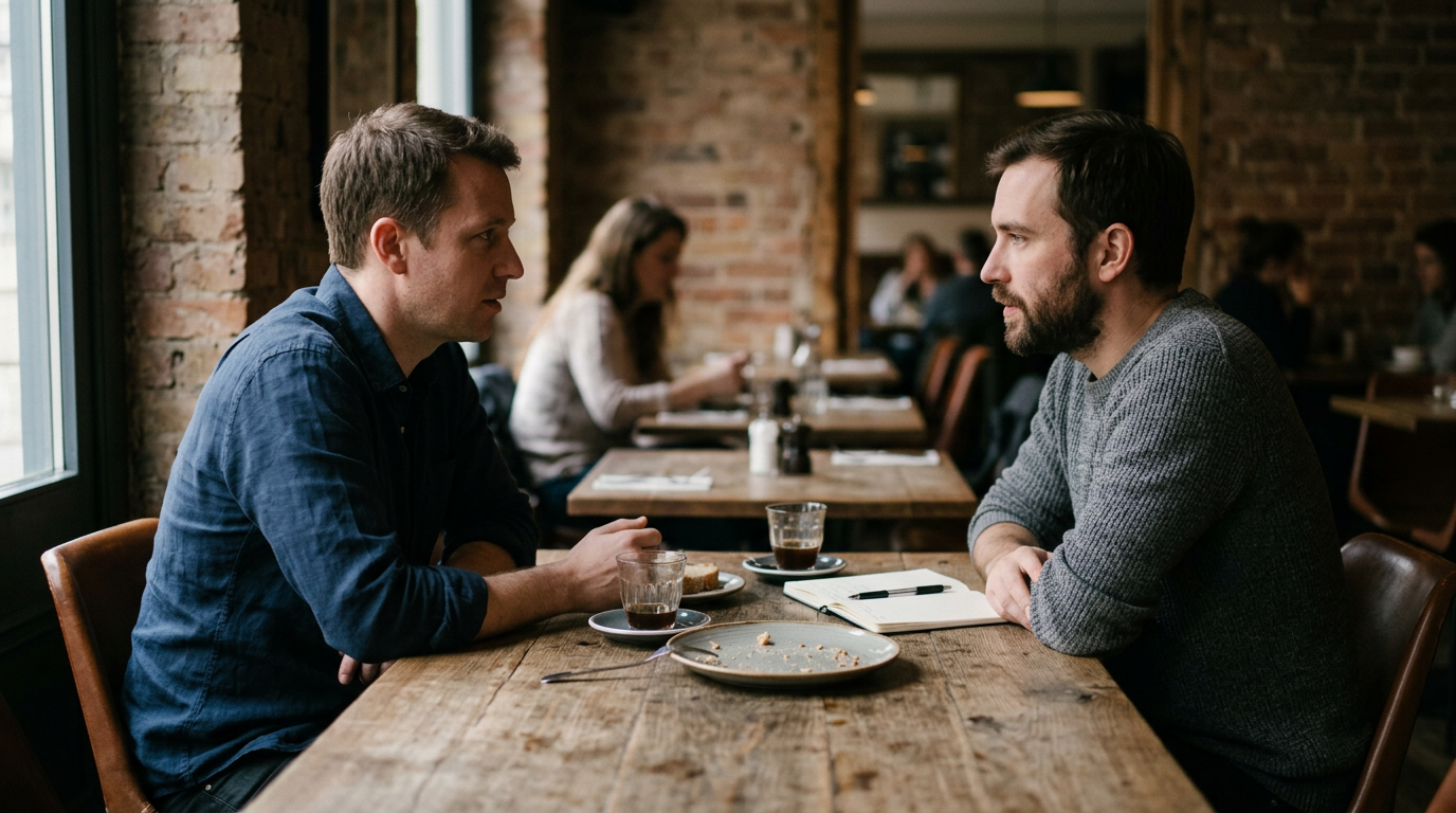 Man and woman disagreeing, one listening intently, the other speaking.