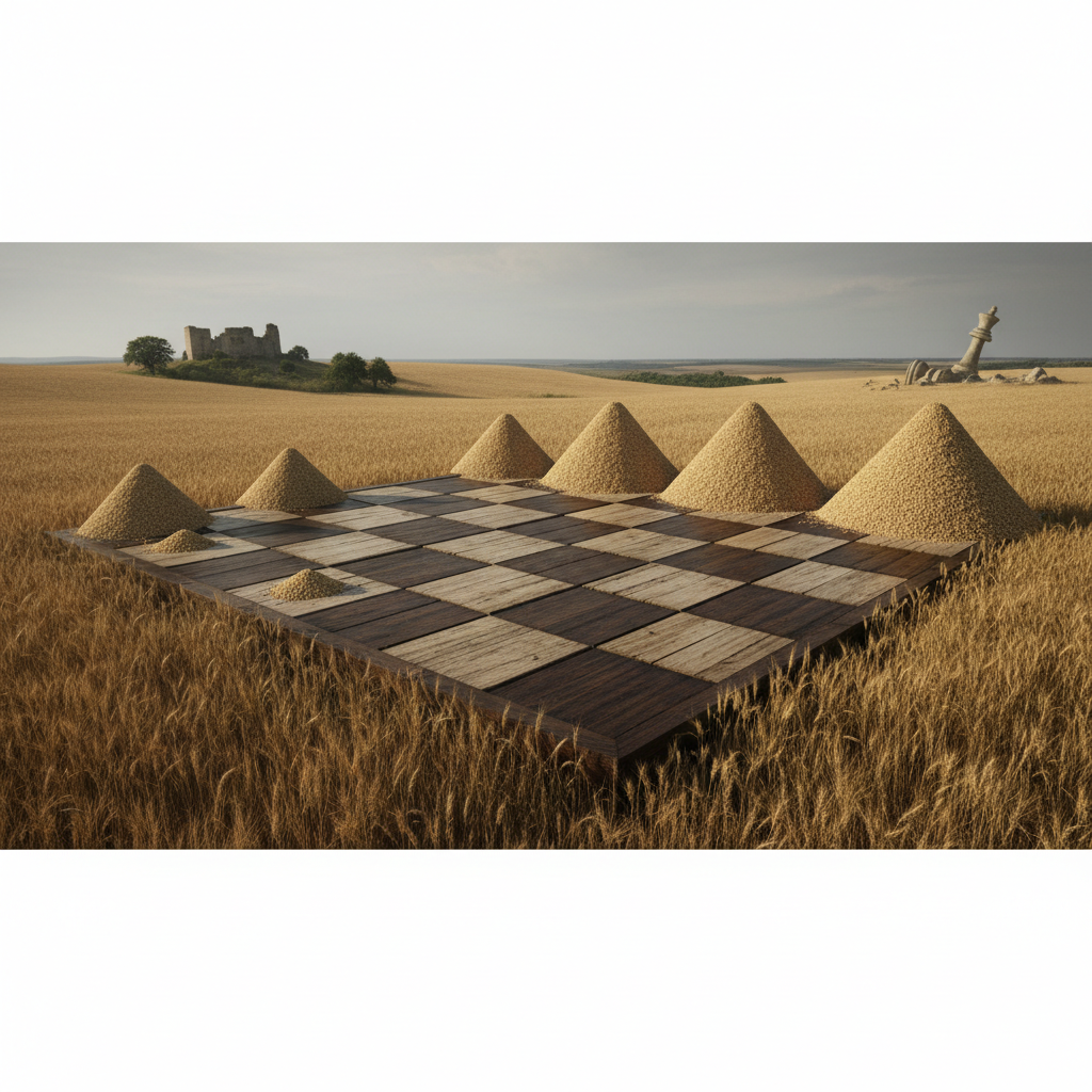 Illustration showing a chessboard with many chess pieces and cosmic background.