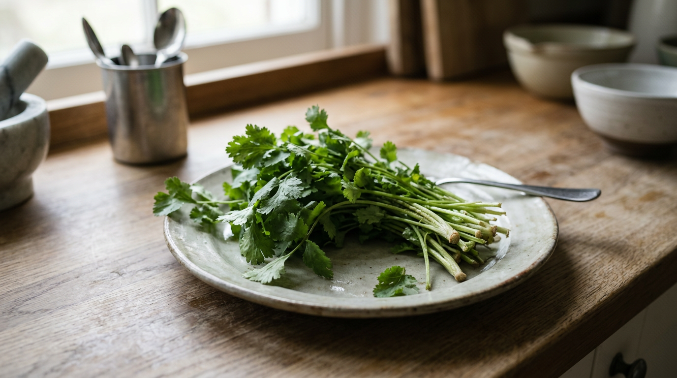 Coriander leaves (cilantro) showing small white flowers and green leaves.