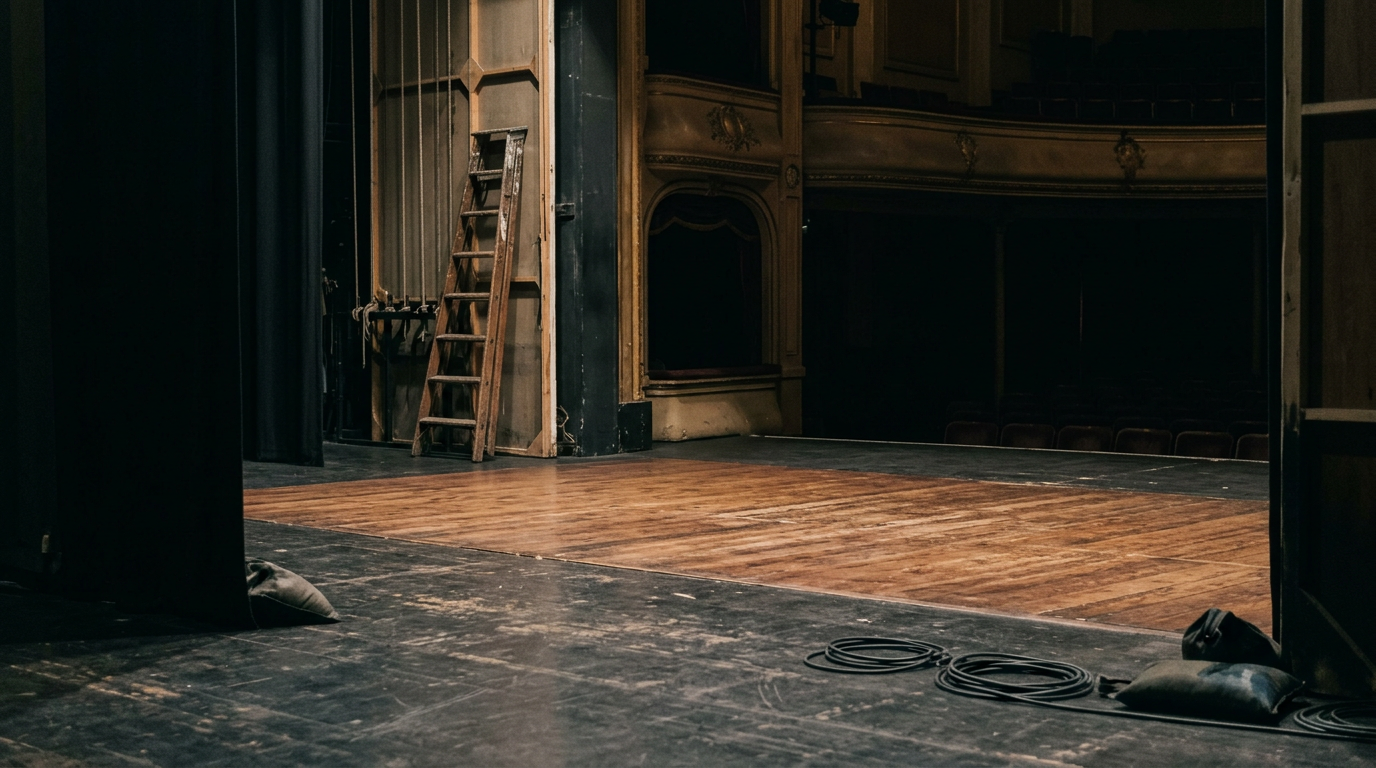 Stage actor performing, person whispering "break a leg" to another actor