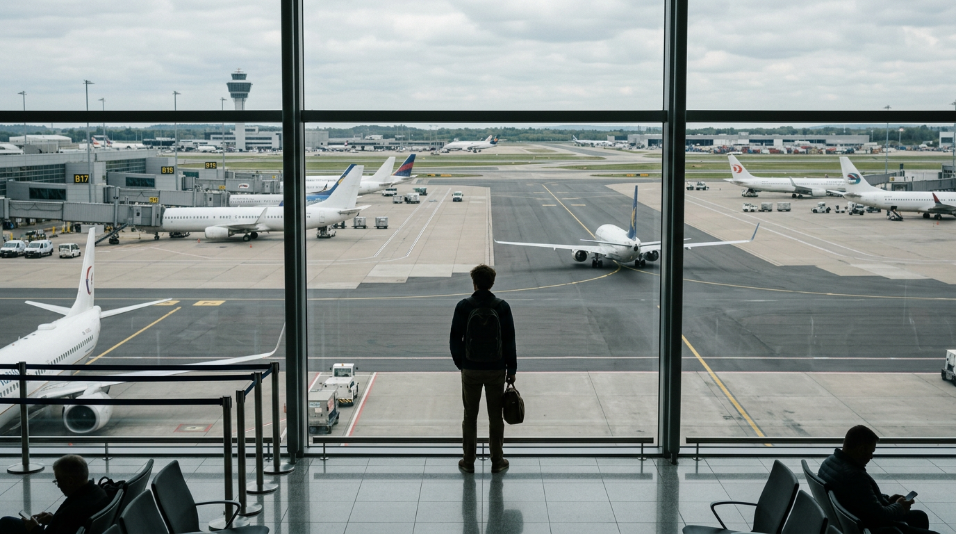 Person looking out airplane window at clouds.