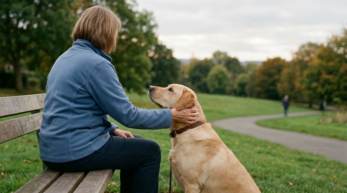 Person speaking to a happy dog.