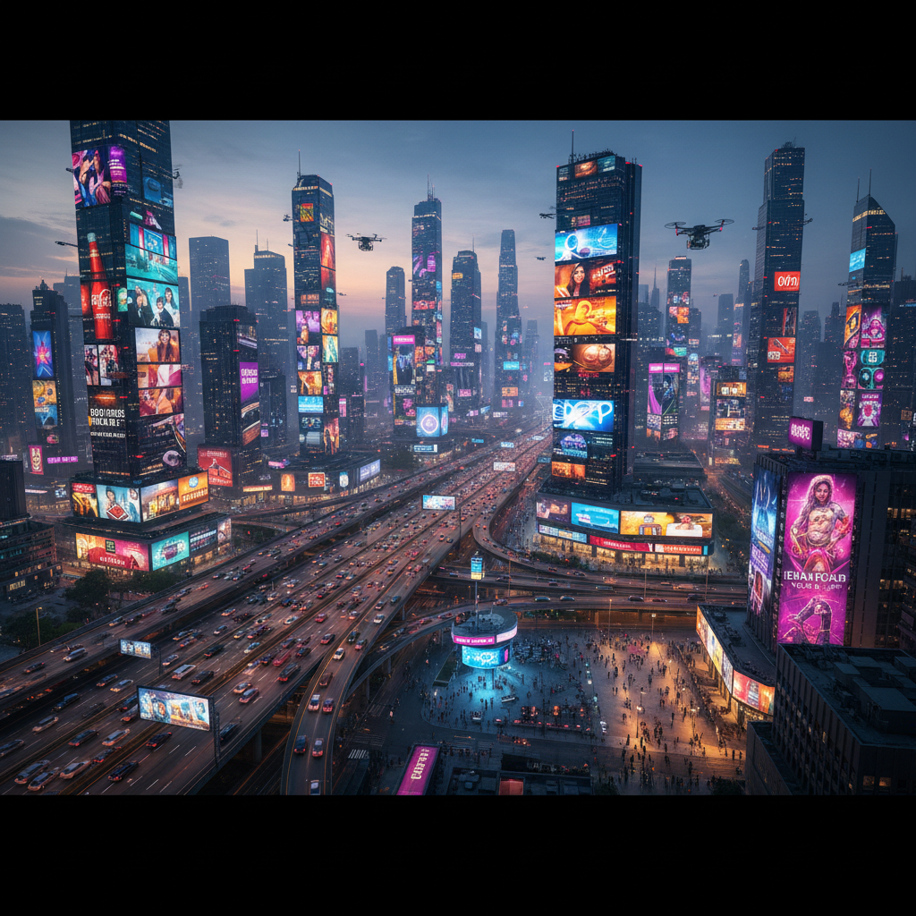 Man looking at a digital screen filled with advertisements, representing 4,000 ads a day.