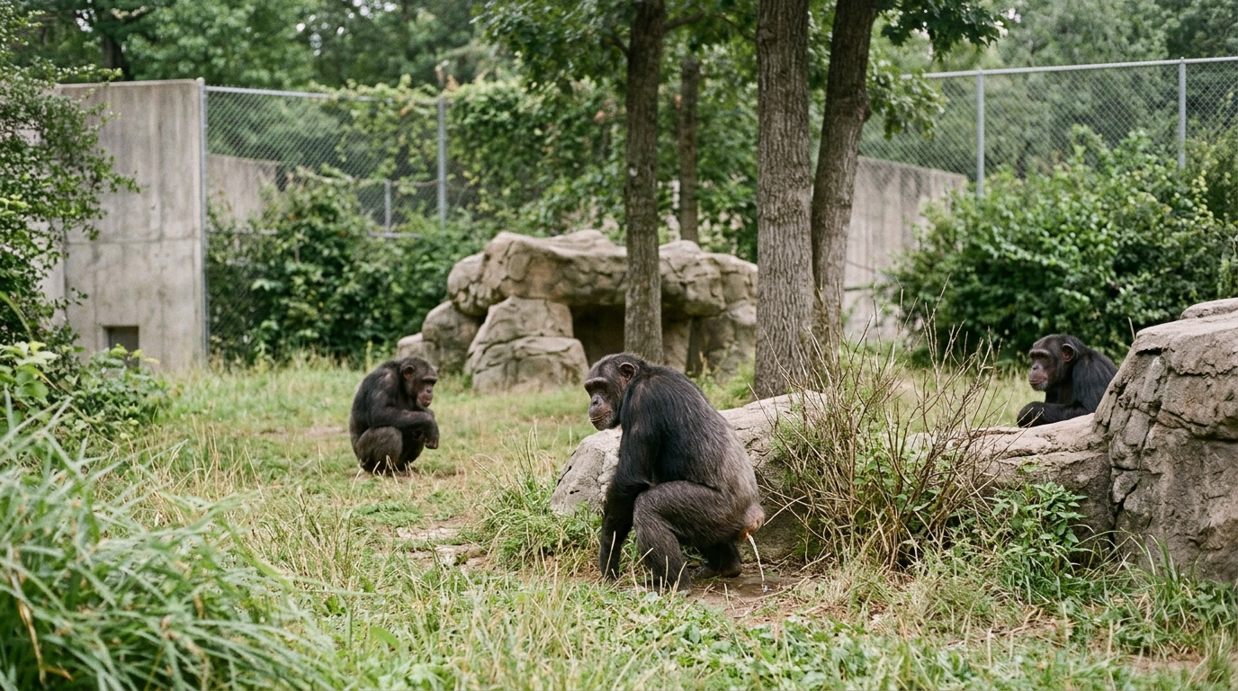Chimpanzees engaging in contagious urination behavior in a 2025 study.