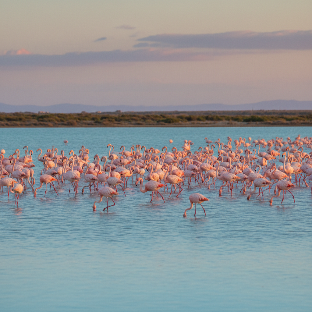 Flamingos in flight.
