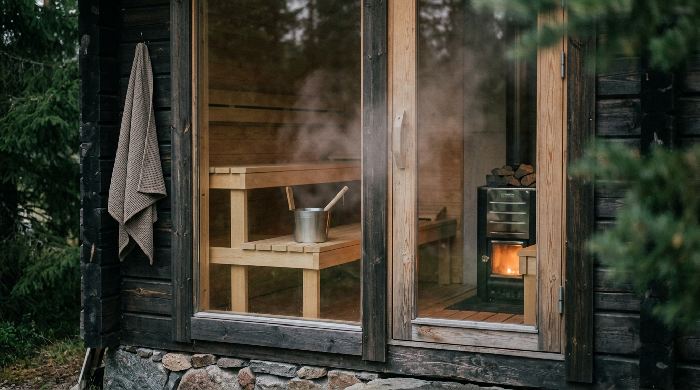 Man in sauna, promoting health benefits of frequent sauna use.