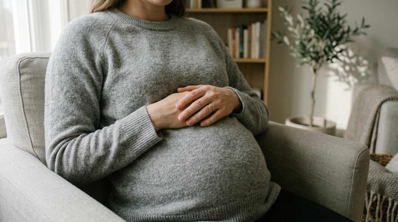 Woman with unborn child and future grandchildren present during birth.