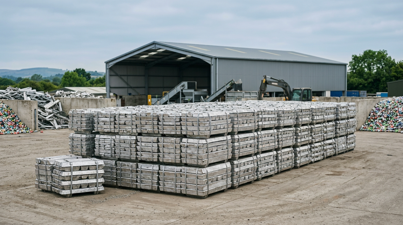 Recycled aluminum being melted and reformed into new products.