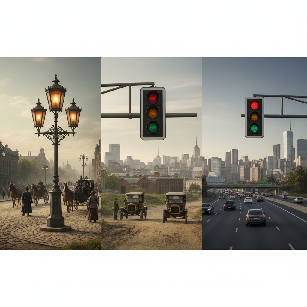 Red, yellow, and green traffic lights in a row.