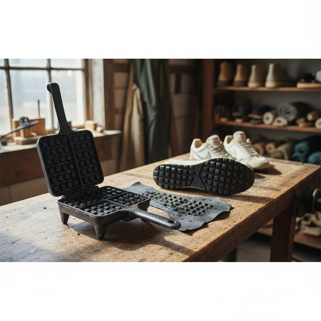 Bill Bowerman using a waffle iron to create Nike's early waffle sole prototype.