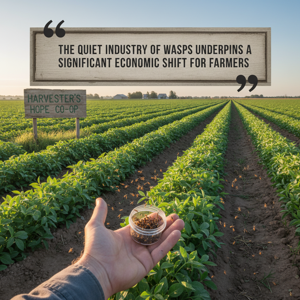 Farmers' economic hardship, farm buildings and fields.