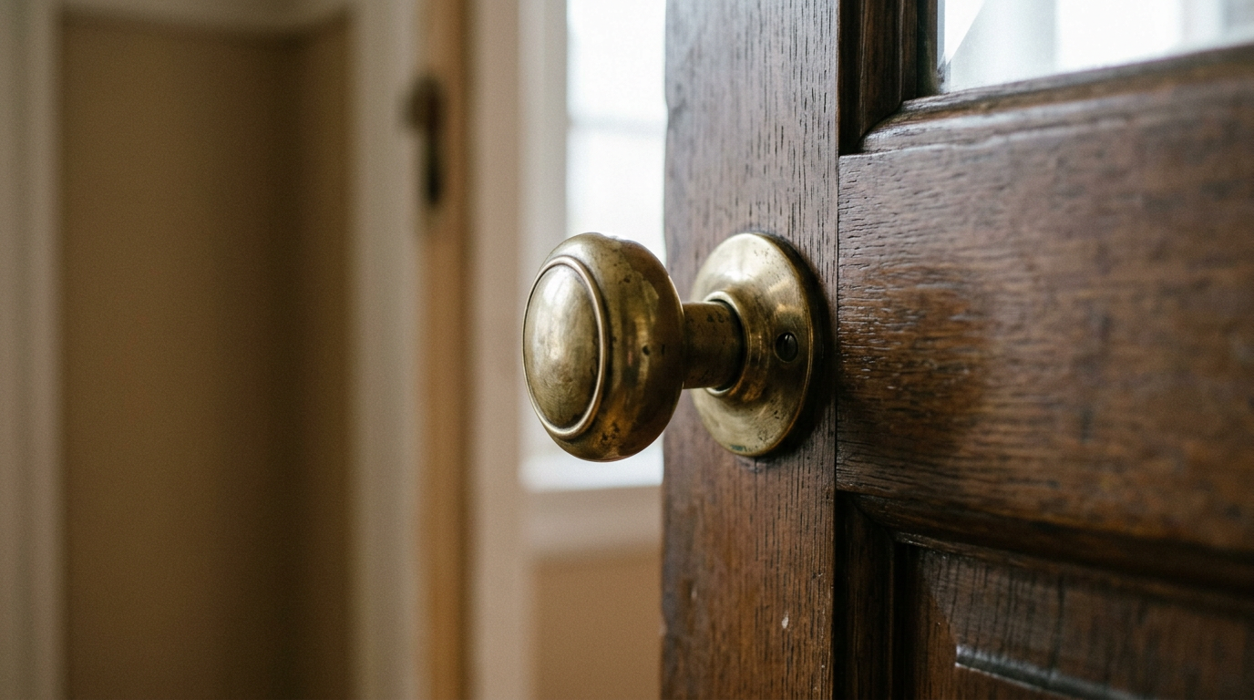 Brass doorknob resisting bacterial growth due to antimicrobial copper alloy properties.