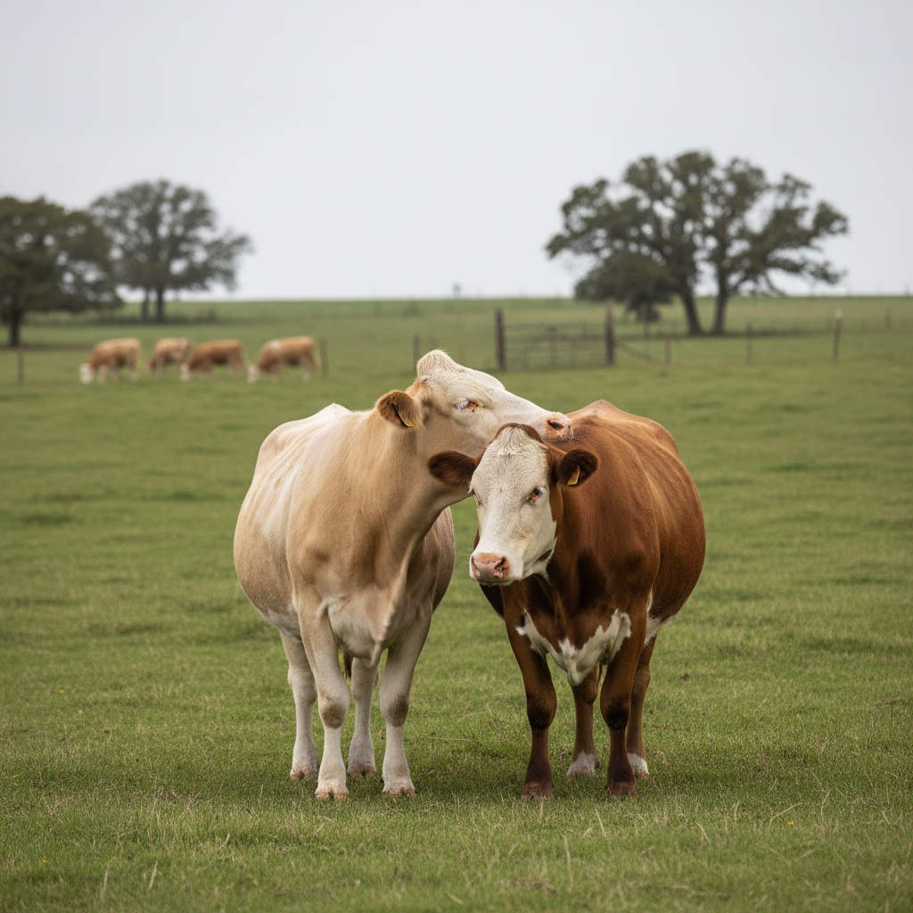Cows enjoying time together in a pasture.