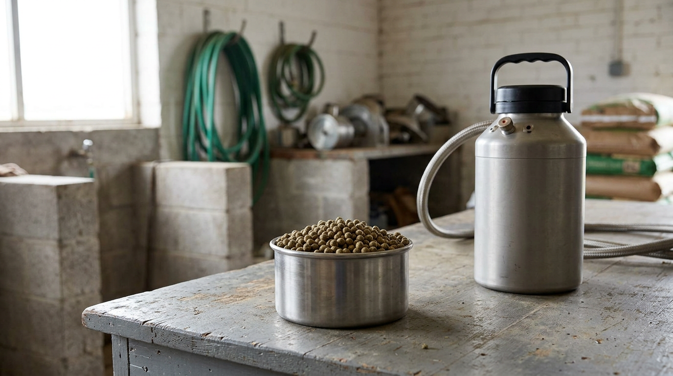 Inventor Curt Jones freezes cattle feed pellets using cryogenic technology.