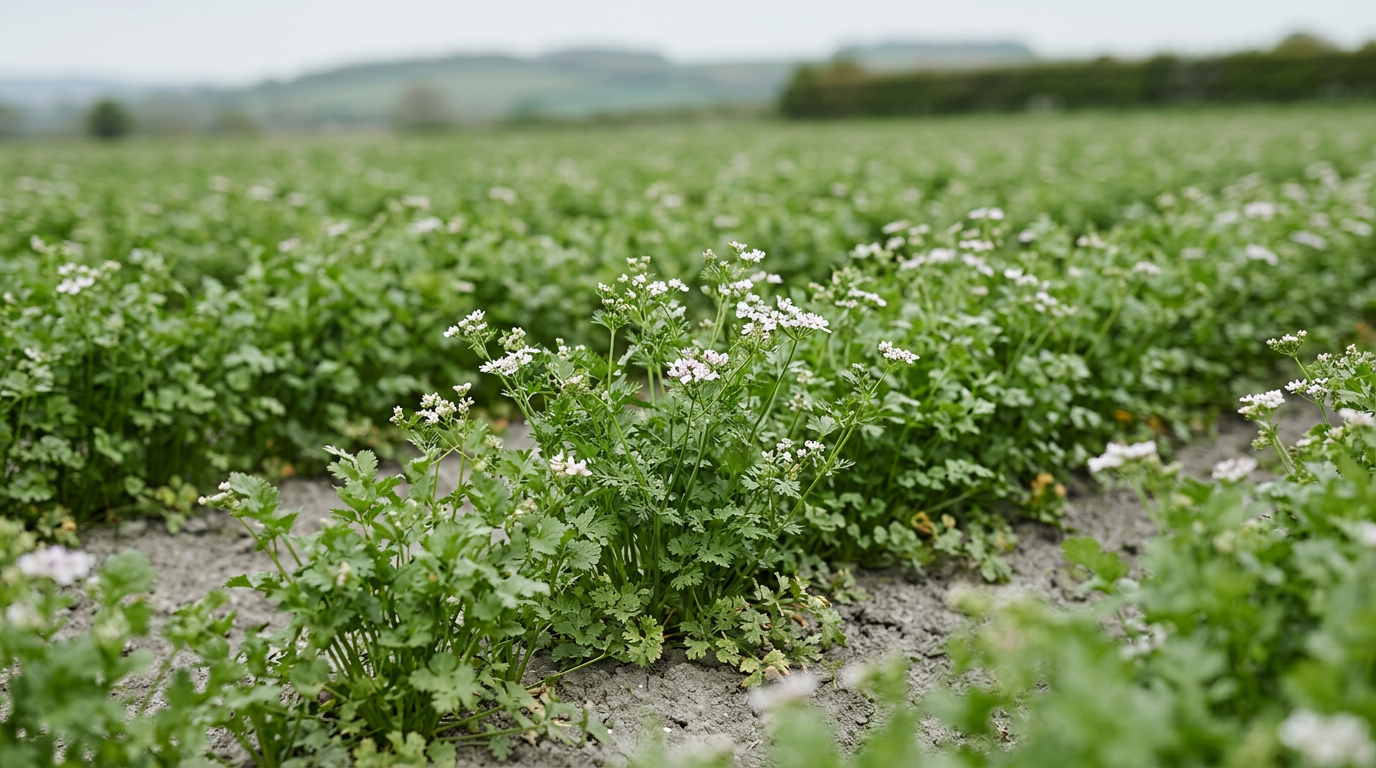 Coriander leaves with text overlay explaining soapy taste due to genes.