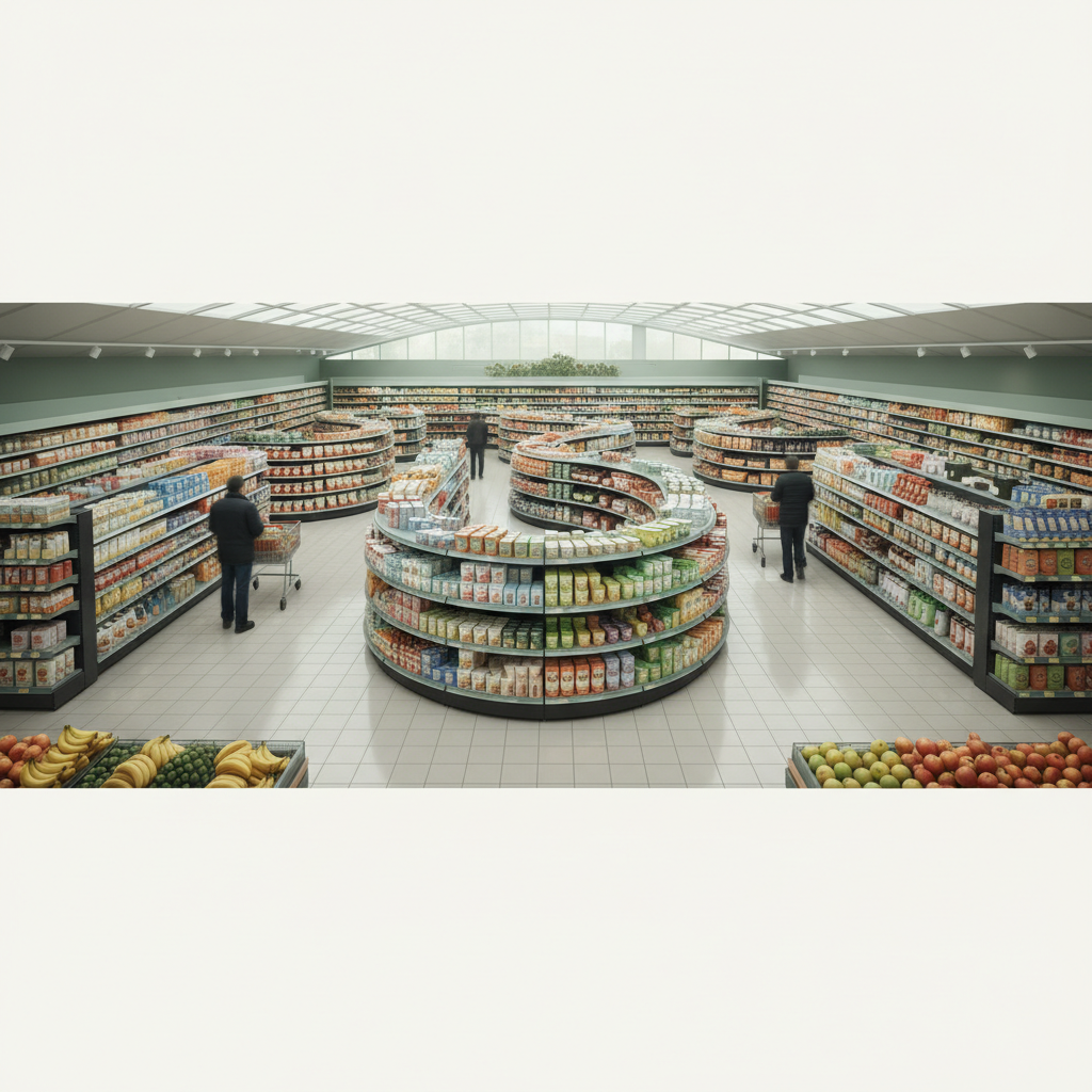 Grocery store layout encourages shoppers to spend more time and buy impulsively.