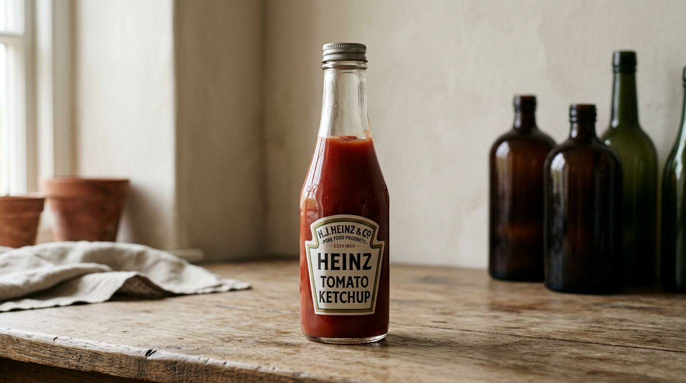 Heinz ketchup in clear bottle showing red ketchup, highlighting purity.