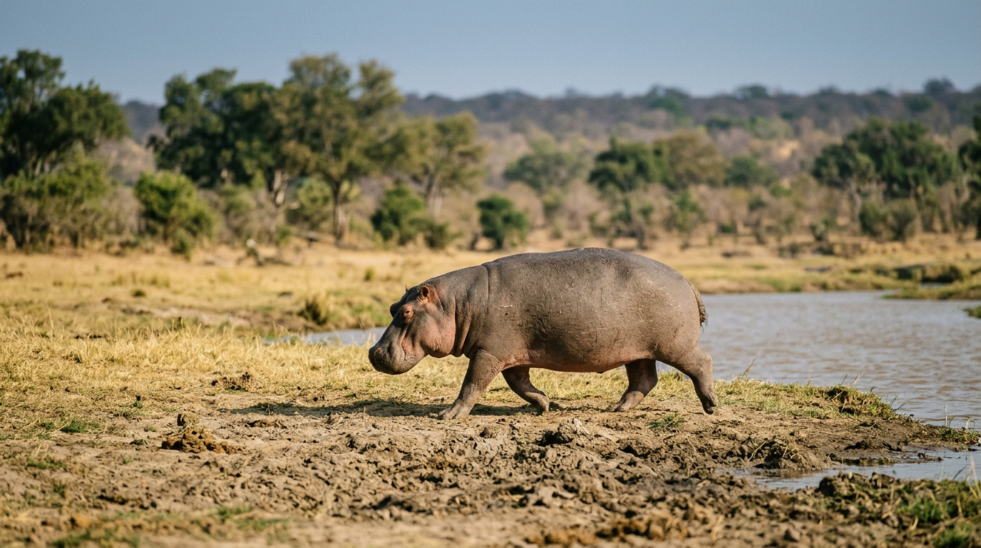 Fast hippo running on land, exceeding human speed.