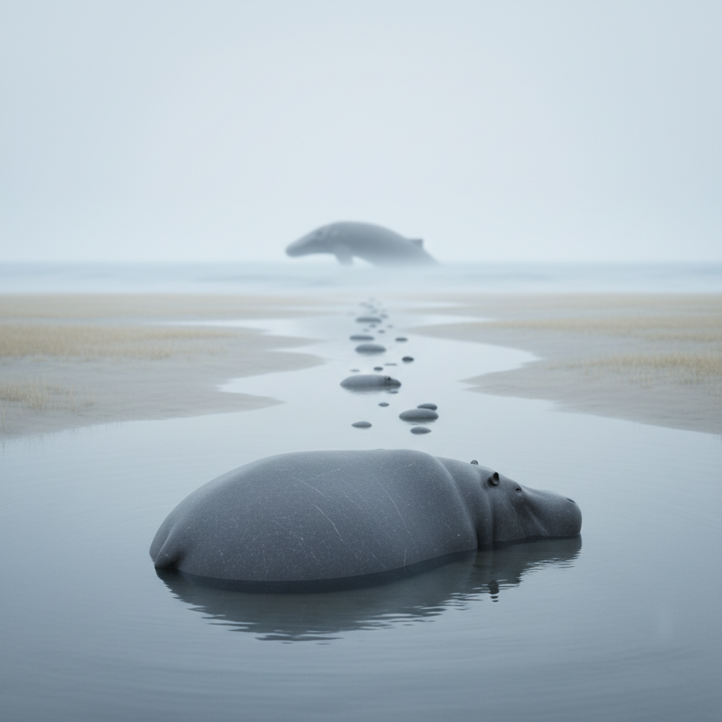 Hippopotamus with whale in the background.