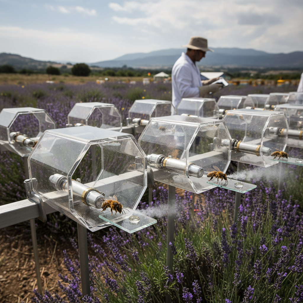 Beekeeper tending to bees in a lab for detection training.