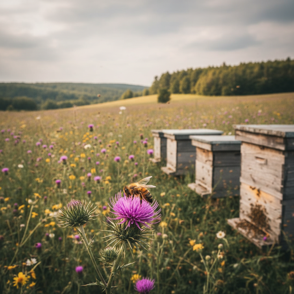 Honeybee on flower gathering pollen.