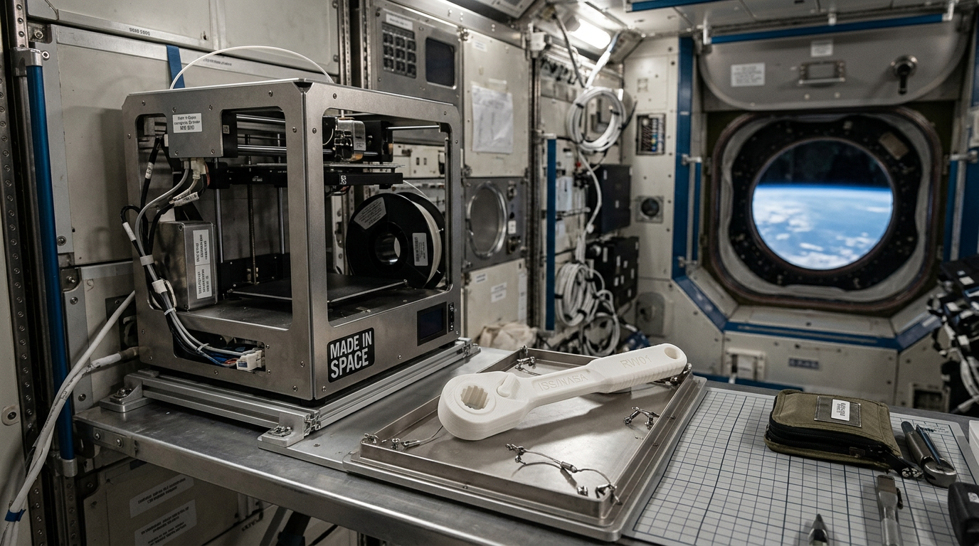 Astronauts on ISS 3D print a ratchet wrench.