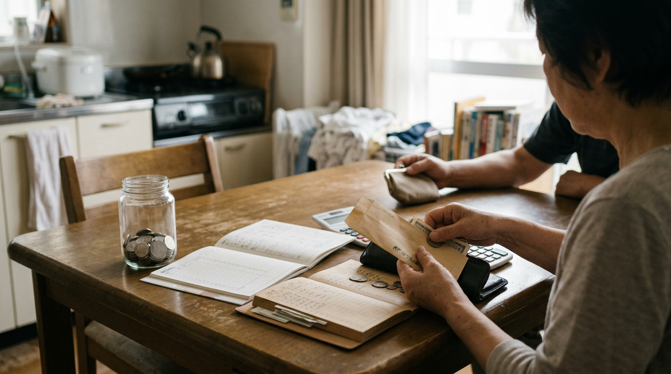 Japanese wife managing household budget with husband's paycheck.