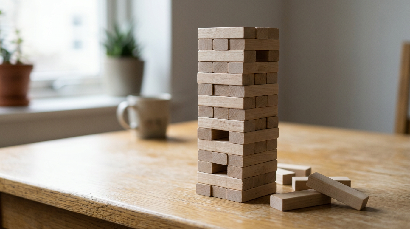 Jenga blocks with slight size variations causing some to loosen easily.