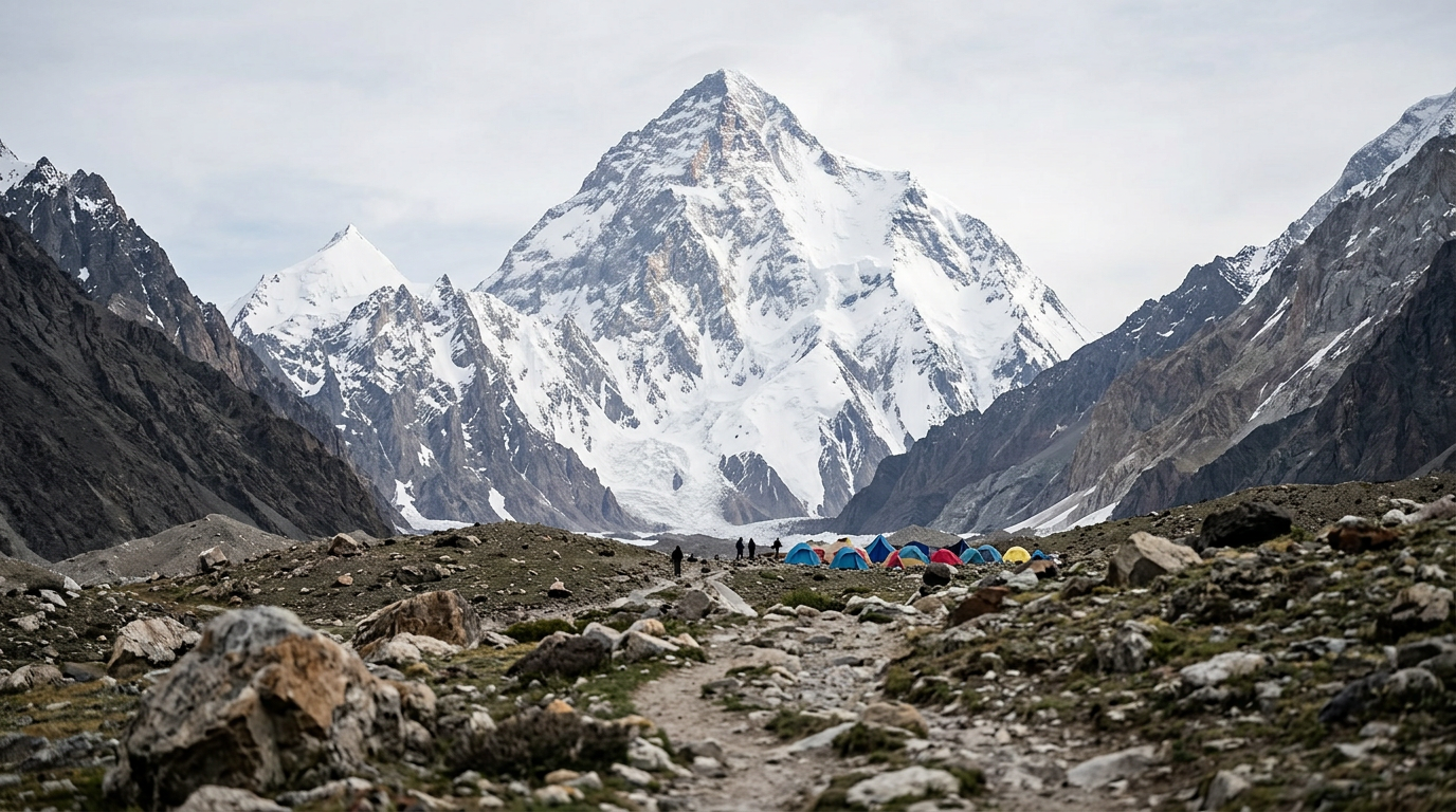 Close-up of K2, the "Savage Mountain," shrouded in clouds during a climb.