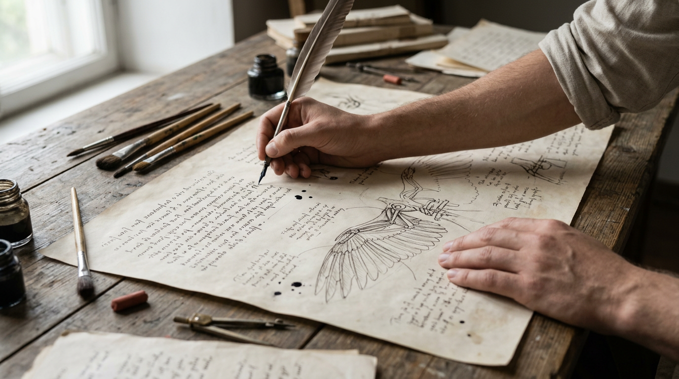 Leonardo da Vinci drawing with one hand and writing with the other.